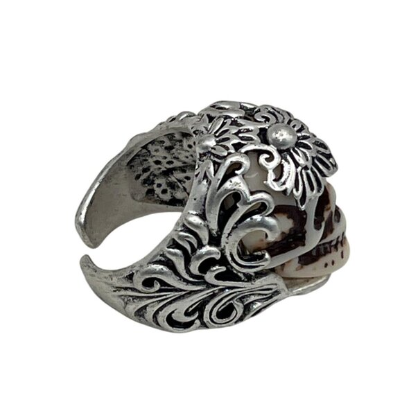 Mens Gothic Skull Ring W/ Floral Engraving Adjustable Open Band Zinc Alloy A75 - Picture 3 of 11
